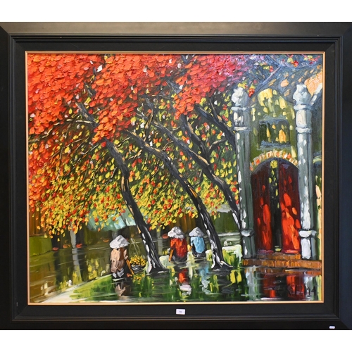 736 - Le Thanh Son (b 1962) - 'By the Pagoda', oil on canvas, signed, 110 x 130 cm c/w Certificate of auth... 