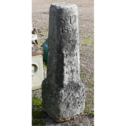 A rare antique Cornish granite obelisk, probably a boundary marker stone, the weathered surface hatch carved and with lettering to one side 'S T P; 1835; 1851; JN; WM; CW; overall 110 cm h