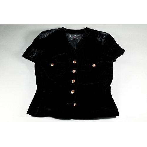 965 - Chanel Boutique - a vintage black velvet short sleeved evening top with jewelled enamel and gilt but... 