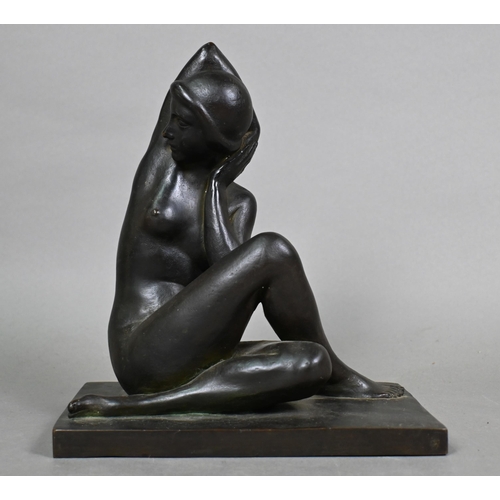 987 - Enrico Ligari (b. 1899), an Art Deco bronze sculpture, seated nude study in balletic pose, signed, 2... 