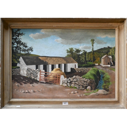 627 - John Aldridge (1905-1983) - 'Welsh farmyard near Cardigan', oil on board, Gallery label for Leiceste... 