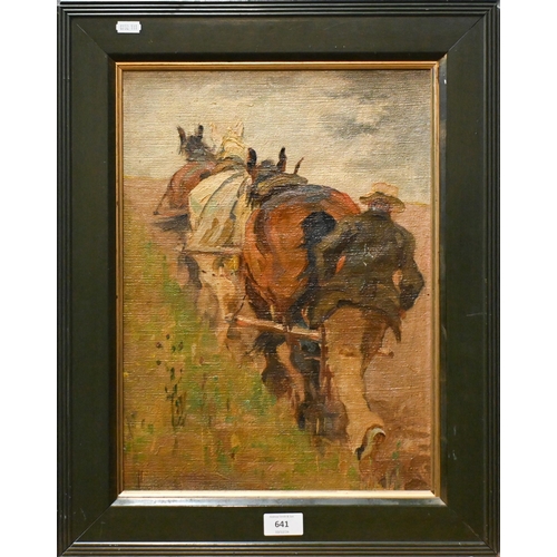 641 - Evelyn Harke (1899-1930) attrib - Ploughman and team of horses, oil on board, 42 x 30 cm