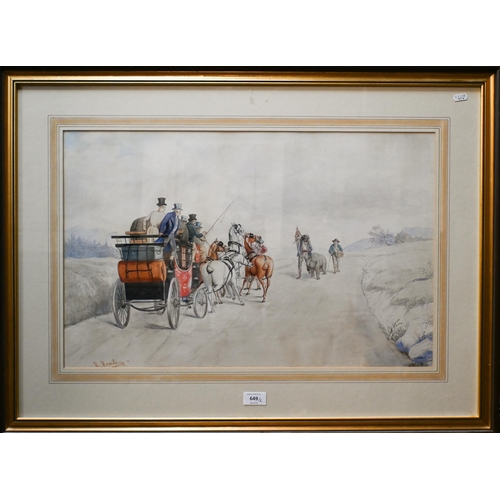 649 - Richard Rosenbaum (1864-?) - A pair of coaching scenes, watercolour, signed, 40 x 63 cm (2)