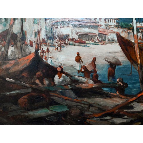 628 - Maurice Randall (1865-1950) - A busy harbour view, Tangiers, oil on board, signed lower left, 24.5 x... 