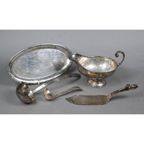 36 - A Mexican silver sauce boat and ladle, stamped 'Sterling', to/w a punch ladle, a pastry slice and an... 