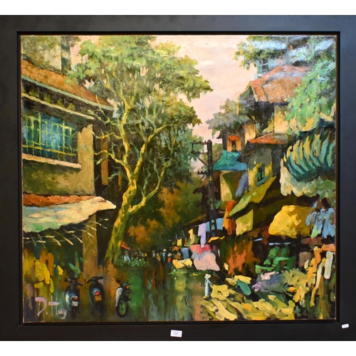 737 - Duong Huy - 'Cloth Market', oil on canvas, signed, 100 x 110 cm c/w Certificate of authenticity from... 