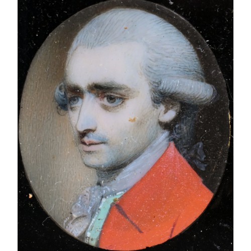 1057 - Four small oval portrait miniatures on ivory, military gentleman and another gentleman in powdered w... 