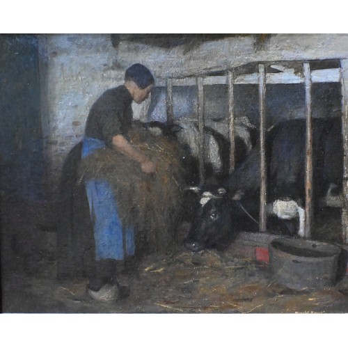 638 - Harold Knight (1874-1961) - Feeding the calves, oil on canvas, signed lower right, 31.5 x 39.5 cmARR... 