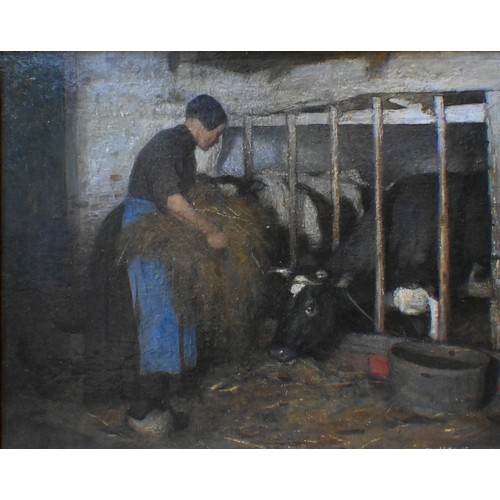 638 - Harold Knight (1874-1961) - Feeding the calves, oil on canvas, signed lower right, 31.5 x 39.5 cmARR... 