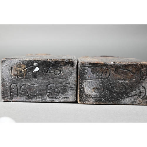 361 - A pair of early 20th century Chinese soapstone desk seals carved with Buddhistic guardian lions and ... 