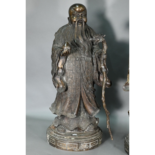 375 - Three large Chinese bronze 'Star Gods' (Sanxing) Fu, the personification of good fortune, depicted i... 