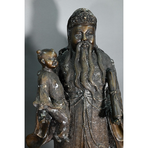 375 - Three large Chinese bronze 'Star Gods' (Sanxing) Fu, the personification of good fortune, depicted i... 