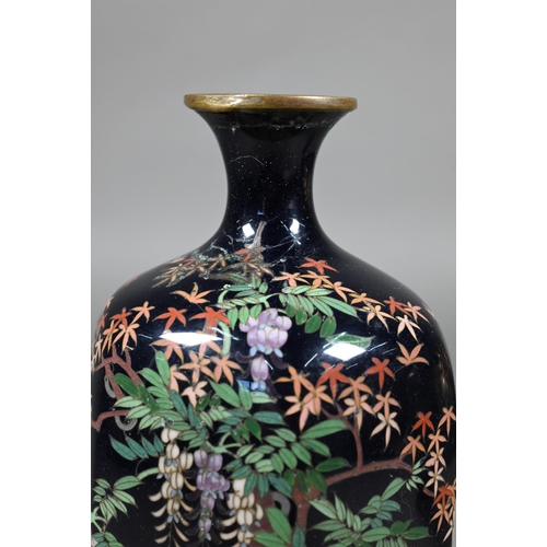 387 - A mirrored pair of late 19th century Japanese cloisonne vases, Meijji period (1868-1912) dark purple... 