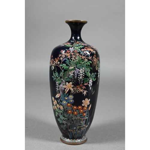 387 - A mirrored pair of late 19th century Japanese cloisonne vases, Meijji period (1868-1912) dark purple... 