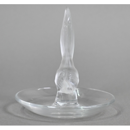 428 - A Lalique France ring dish surmounted by a frosted glass pheasant, 10 cm highSmall chip on tip of ta... 