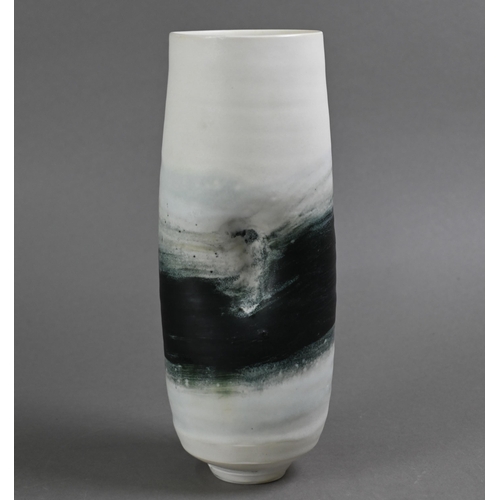 456 - Kyra Cane (fl. 1985 - present); porcelain vase with impressed dimples and dark band to the waist, 23... 