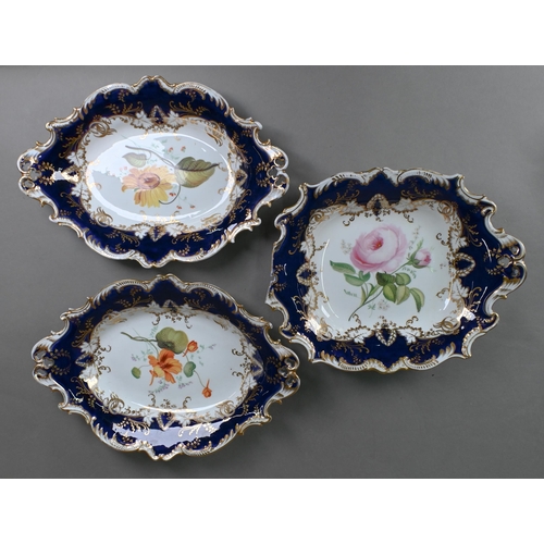 497 - A set of four Victorian Staffordshire (possibly Coalbrookdale) shaped dishes, well-painted with flor... 