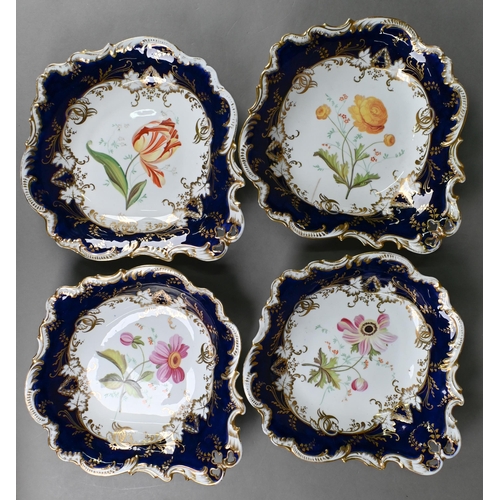 497 - A set of four Victorian Staffordshire (possibly Coalbrookdale) shaped dishes, well-painted with flor... 