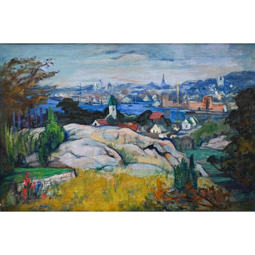 626 - J Schulein (1881-1970) - A Continental landscape towards a town, oil on canvas, signed left, 49 x 75... 