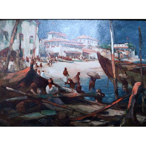 628 - Maurice Randall (1865-1950) - A busy harbour view, Tangiers, oil on board, signed lower left, 24.5 x... 