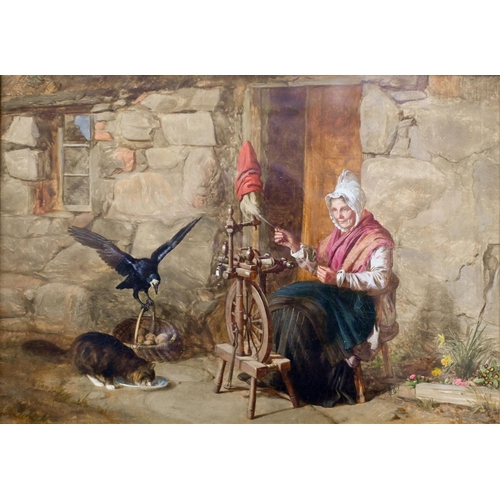 634 - G W Brownlow (1835-1876) - An elderly lady spinning yarn with cat and crow, oil on canvas, signed lo... 