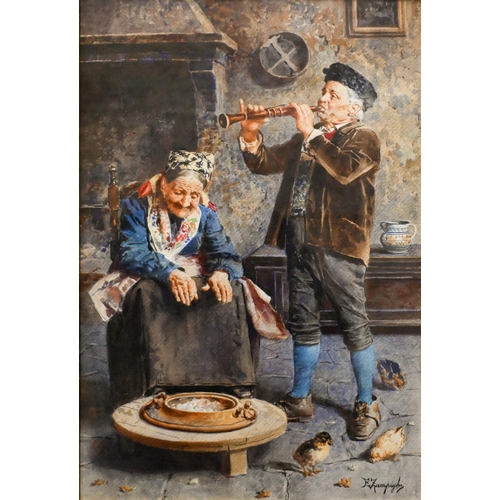 635 - Eugenio Zampighi (1859-1944) - 'Playing for supper', watercolour, signed lower right, 53 x 36 cm