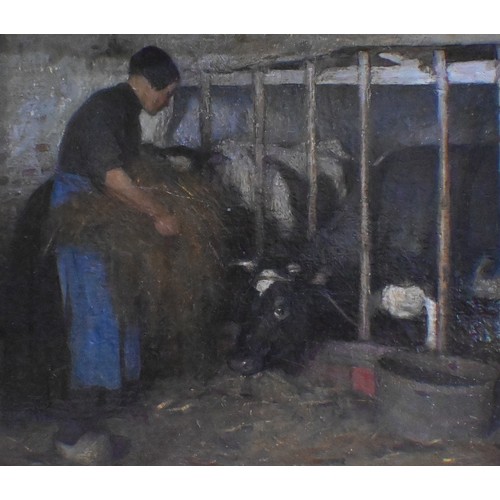 638 - Harold Knight (1874-1961) - Feeding the calves, oil on canvas, signed lower right, 31.5 x 39.5 cmARR... 