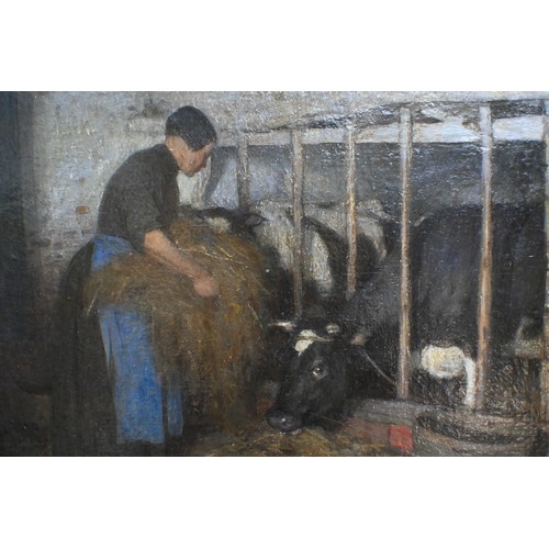 638 - Harold Knight (1874-1961) - Feeding the calves, oil on canvas, signed lower right, 31.5 x 39.5 cmARR... 