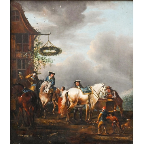 639 - Pieter Wouverman (1623-1682) attrib - A pair - Travellers beside an inn, oil on panel, one signed lo... 