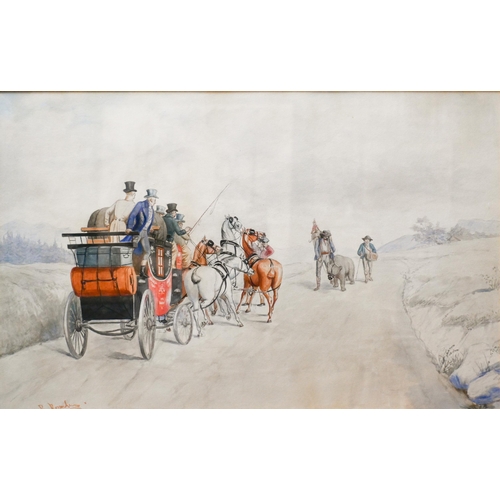 649 - Richard Rosenbaum (1864-?) - A pair of coaching scenes, watercolour, signed, 40 x 63 cm (2)