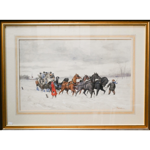 649 - Richard Rosenbaum (1864-?) - A pair of coaching scenes, watercolour, signed, 40 x 63 cm (2)