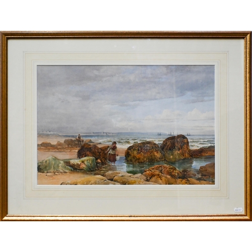 680 - J H Mole (1840-1886) - Searching the rock pool, watercolour, signed lower left, 34 x 51 cm