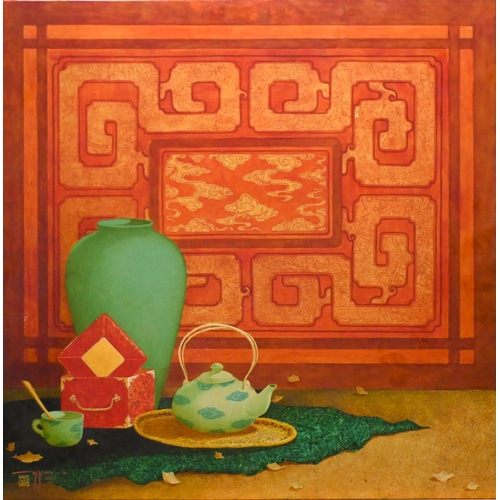 728 - Le Hoang Nguyen - 'Still life', lacquer on wood, signed, 2006, 60 x 60 cm c/w Certificate of Authent... 