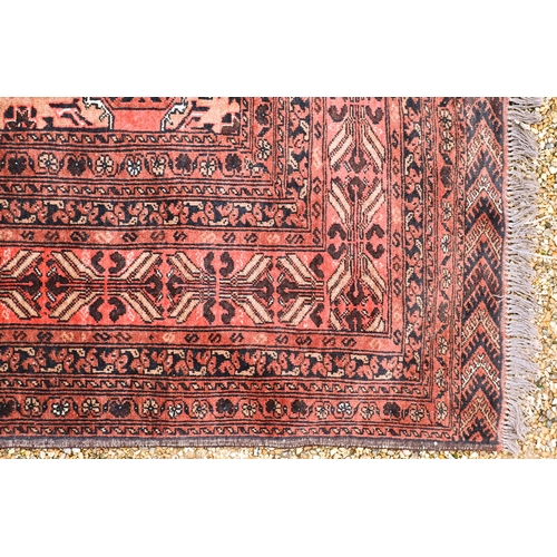 757 - An old Afghan Turkman design carpet, the orange-red ground with four rows of geometric guls, 395 cm ... 