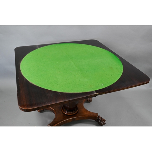 838 - A Victorian rosewood card table, the revolving fold over top with green baize lining, raised on a mu... 