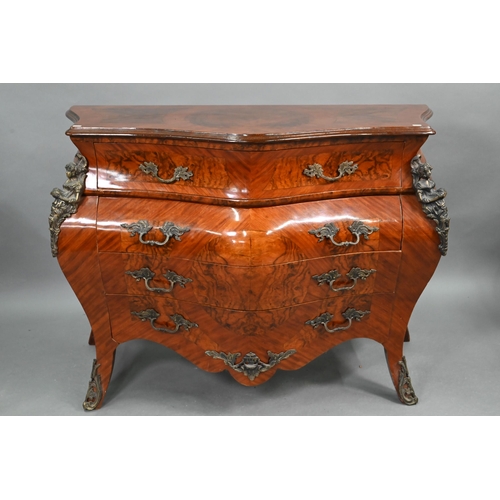 847 - A pair of continental Louis XV style burr walnut, kingwood and gilt metal mounted serpentine form bo... 