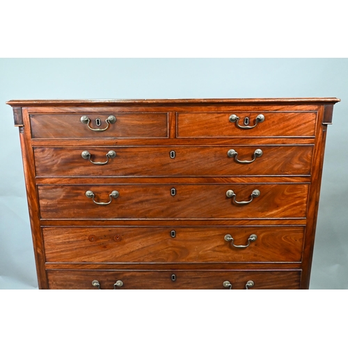 849 - A good Georgian figured mahogany country house chest of two short over five long graduated cock-bead... 