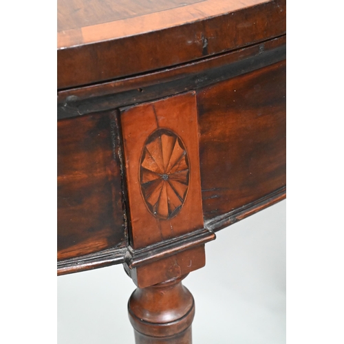 872 - A George III cross-banded radially veneered demi-lune card table, the fold over top with fabric inte... 