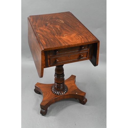 875 - A Victorian rosewood drop leaf work table, with two drawers to one end opposing dummy drawers, raise... 