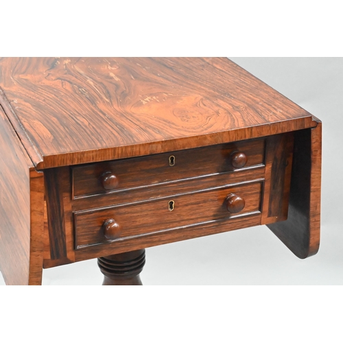 875 - A Victorian rosewood drop leaf work table, with two drawers to one end opposing dummy drawers, raise... 