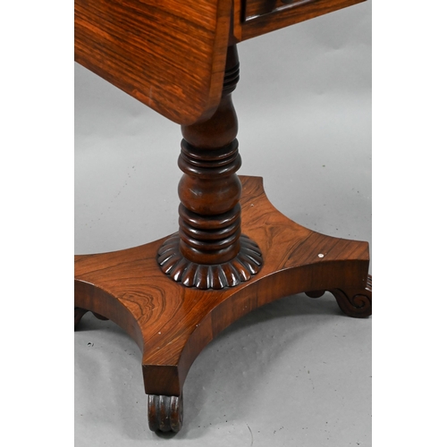 875 - A Victorian rosewood drop leaf work table, with two drawers to one end opposing dummy drawers, raise... 