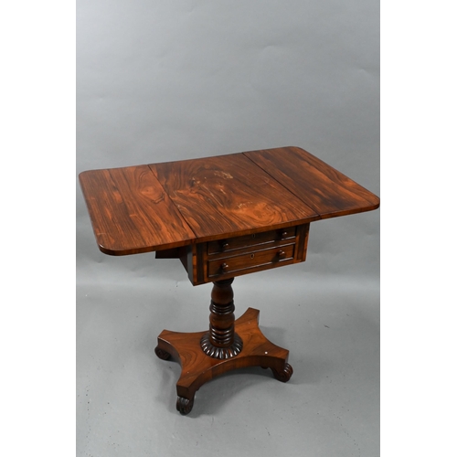 875 - A Victorian rosewood drop leaf work table, with two drawers to one end opposing dummy drawers, raise... 