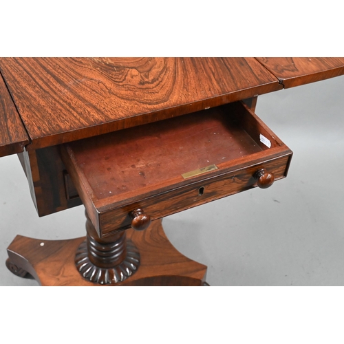 875 - A Victorian rosewood drop leaf work table, with two drawers to one end opposing dummy drawers, raise... 