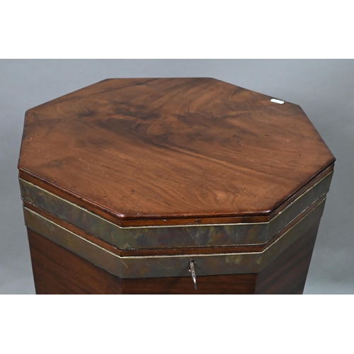 880 - A George III brass-bound mahogany cellarette, of octagonal form, raised on a conforming stand with s... 