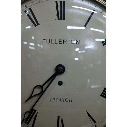 910 - Fullerton, Ipswich, a Georgian brass inlaid mahogany, 8-day drop dial single fusee wall clock, the w... 