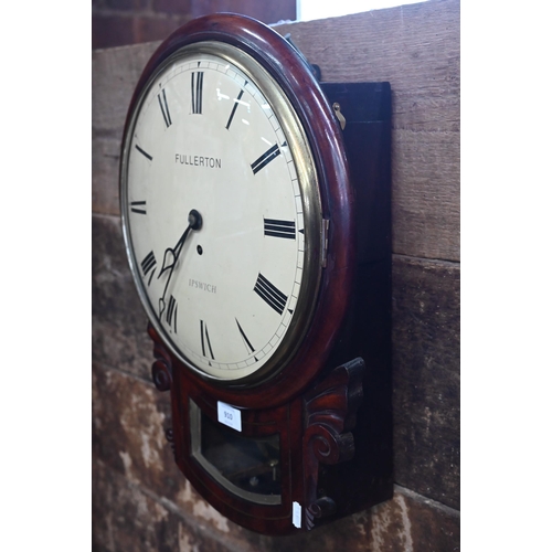 910 - Fullerton, Ipswich, a Georgian brass inlaid mahogany, 8-day drop dial single fusee wall clock, the w... 