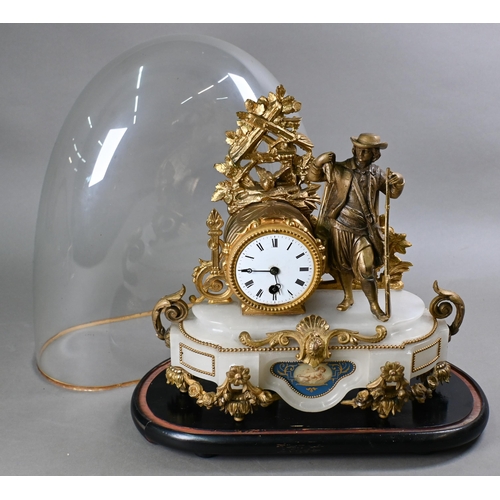 919 - A late 19th century ormolu and alabaster drum mantel clock, the 8-day movement with white enamelled ... 