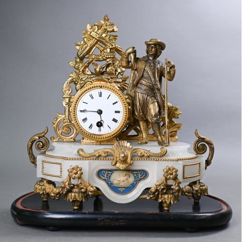 919 - A late 19th century ormolu and alabaster drum mantel clock, the 8-day movement with white enamelled ... 