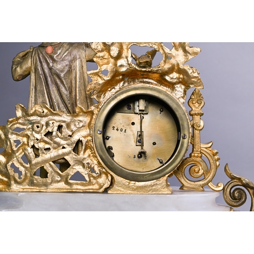 919 - A late 19th century ormolu and alabaster drum mantel clock, the 8-day movement with white enamelled ... 