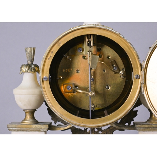 921 - A French ormolu mounted alabaster and three piece clock garniture, the two train drum movement by Ja... 